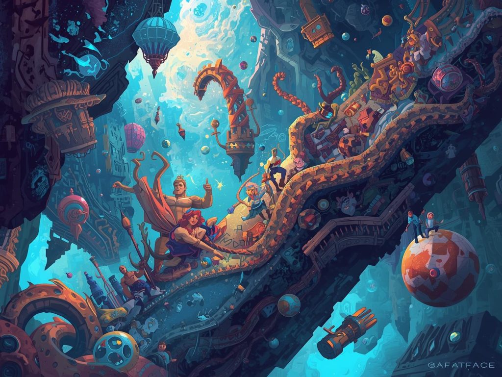 Colorful futuristic fantasy world of Vfx Course with floating airships, characters, robots, and glowing underwater-like structures.