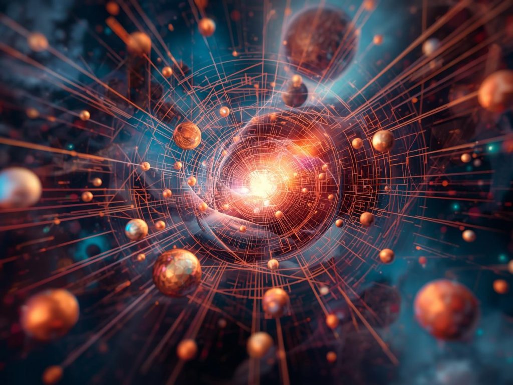 Abstract sci-fi vortex with glowing energy, floating spheres, and dynamic light trails.