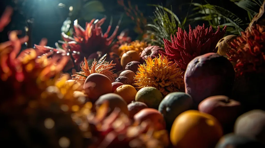 "Collection of rich fiber fruit with vibrant colors arranged beside tropical flowers under natural lighting."