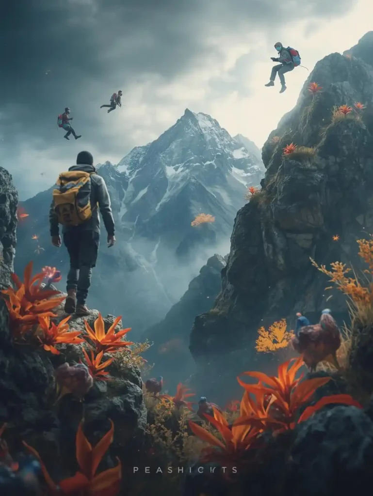 Hiker exploring a dramatic mountain landscape with others performing thrilling Adventures Activity jumps in the sky.