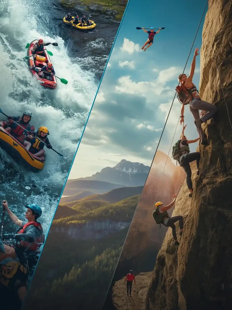 People enjoying Adventures Activity such as river rafting, bungee jumping, and rock climbing in a scenic outdoor setting.