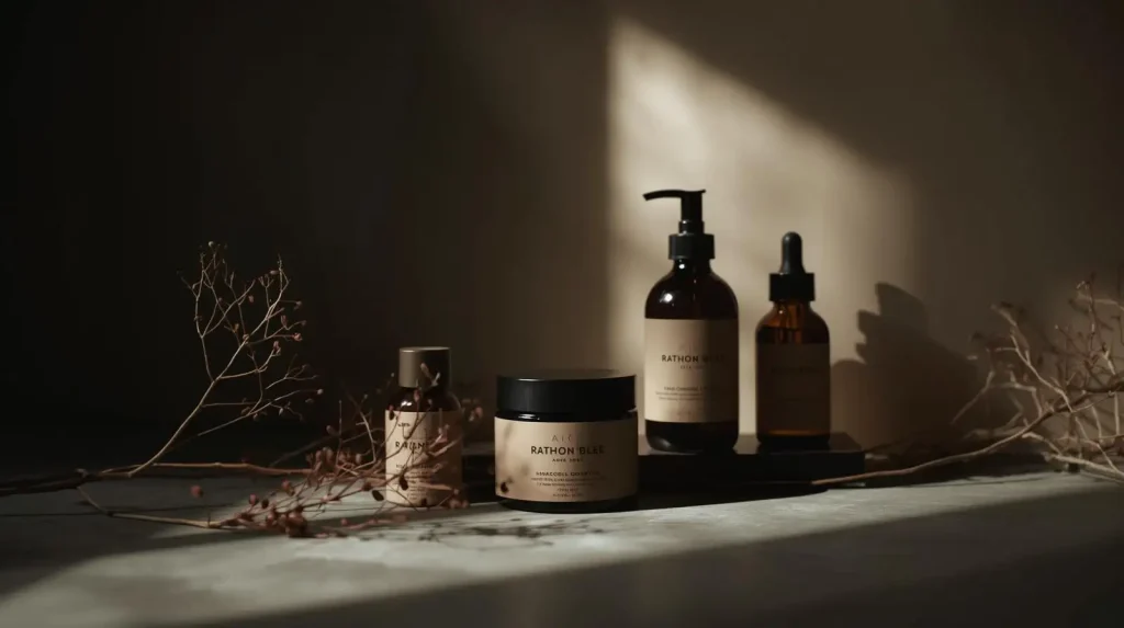 skincare aesthetics lined up with a twig of flower