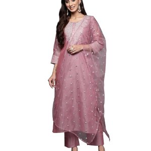 Varanga Women Purple Zari Embroidered A-Line Kurta with Bottom and Dupatta – Exquisite Traditional Attire
