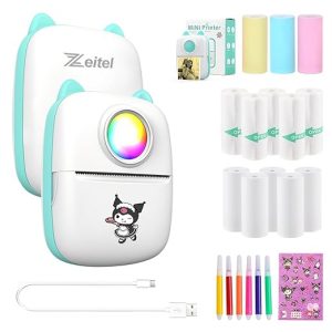 ZEITEL® Mini Bluetooth Thermal Printer, Portable Label Printer Inkfree Printer for Android & iOS System, Black on White Thermal Printer with 13 Roll of Print Paper, Stickers, Blue